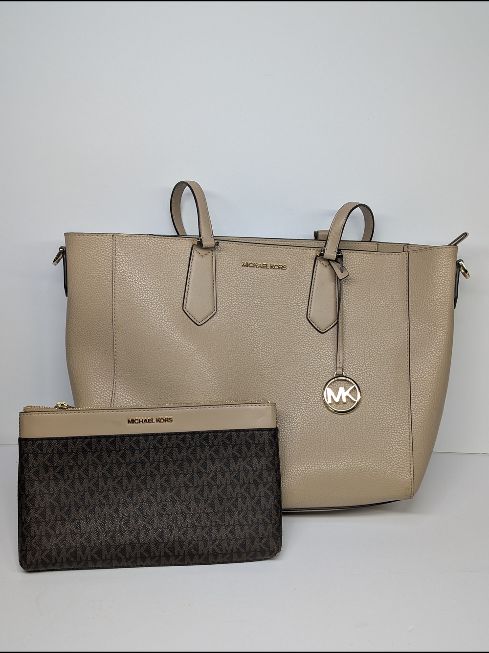 Michael Kors Kimberly Large Beige Leather Tote Bag With Pouch And Charm